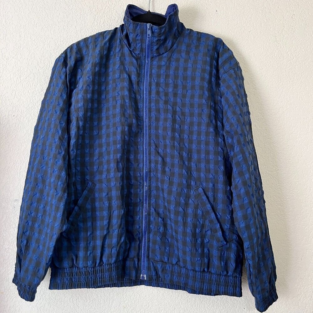 Court Casuals Women Medium Blue Gingham Crinkle Zip Up Bomber Jacket Lightweight